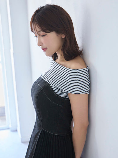 肩紐外せるサイドプリーツデニムジャンパースカート 25SS：ブラック[102サイズ対応]
