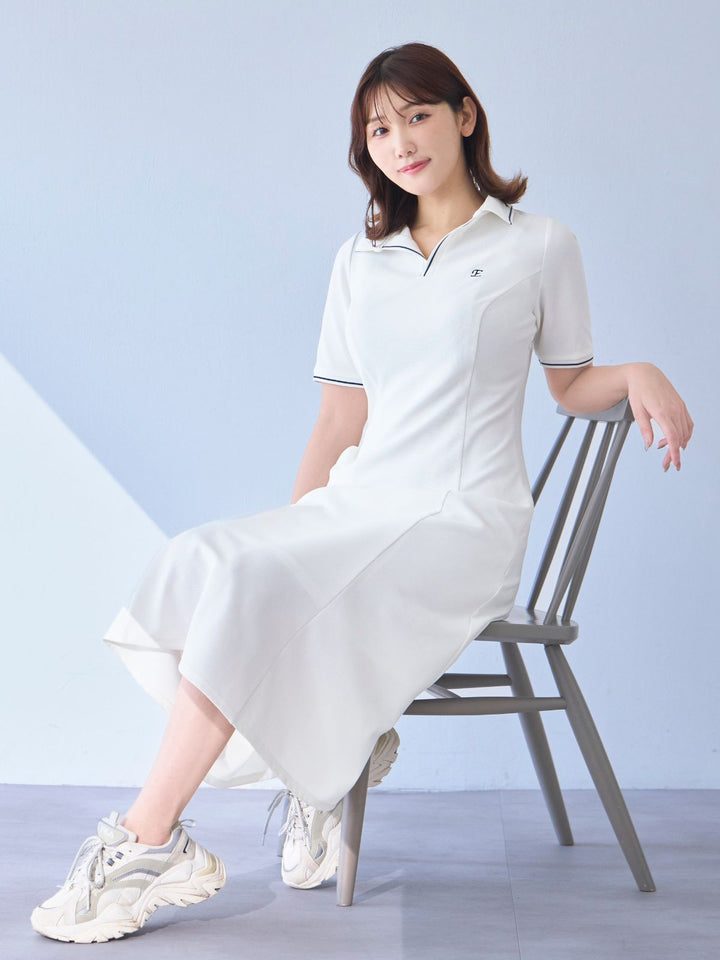 美品　オーバーイー　サマーポロワンピース　ロング　ホワイト　鹿の子　ウエストゴム サマーポロワンピース：ホワイト│胸が大きな女性のためのファッション