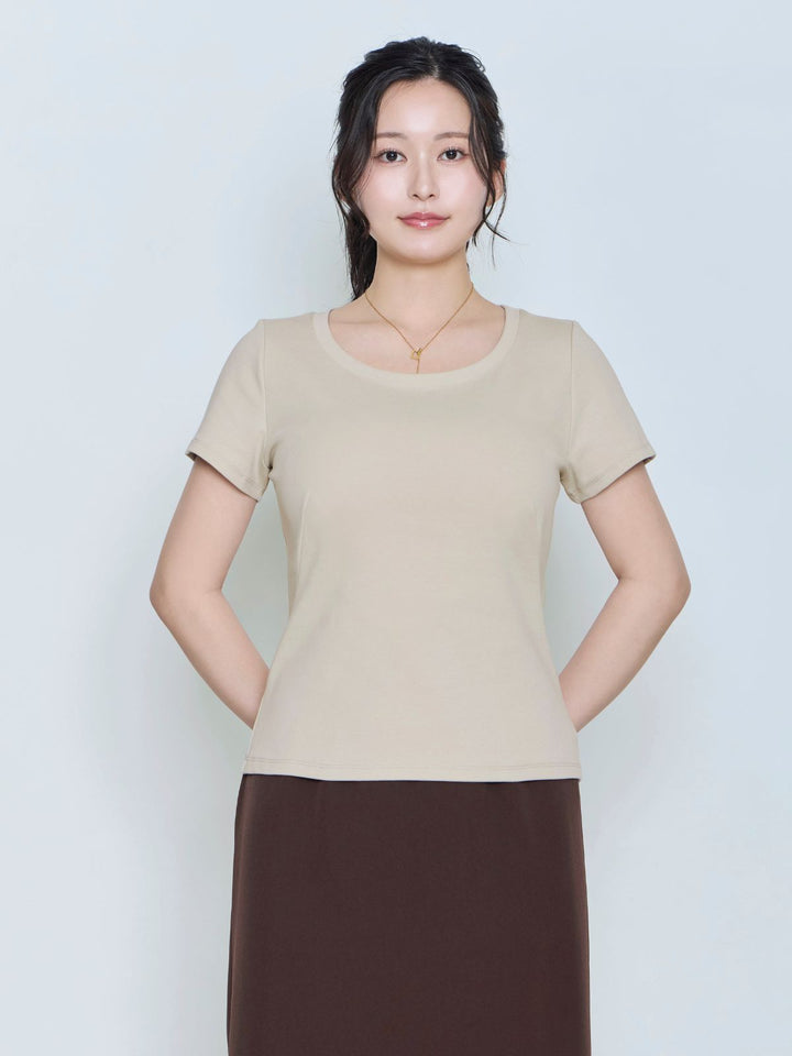 *:;;;:* 【SDMのお洋服 　落ち着いたブラウンのお洋服】*:;;;:* ベーシックラウンドネックTシャツ 26SS：ブラウン│胸が大きな女性の