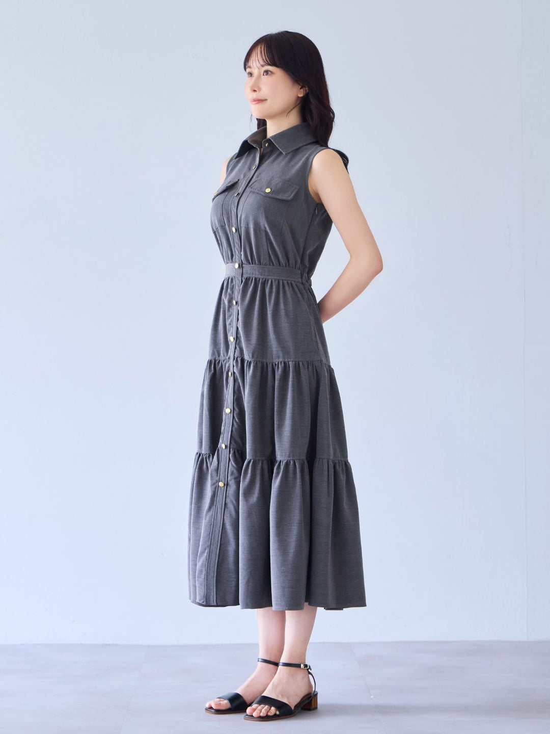 overE ティアードシャツワンピース インディゴ 96 L ティアードシャツワンピース：インディゴ│胸が大きな女性のため