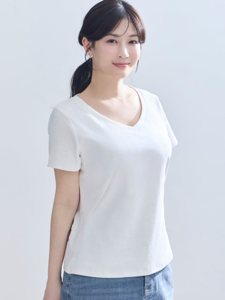 overE Vネックカットソー 3枚セット ベーシックVネックTシャツ 26SS：ホワイト│胸が大きな女性のための