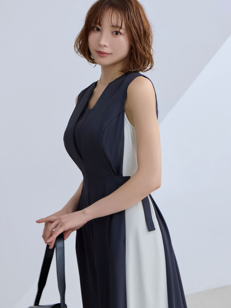 [5/28 22:00発売 期間限定 500円OFF]リニースタイルバイカラーワンピース：チャコール