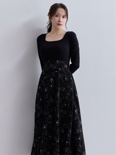 [11/13 22:00発売 期間限定 500円OFF]フラワードッキングワンピース 25AW：ブラック[102サイズ対応]