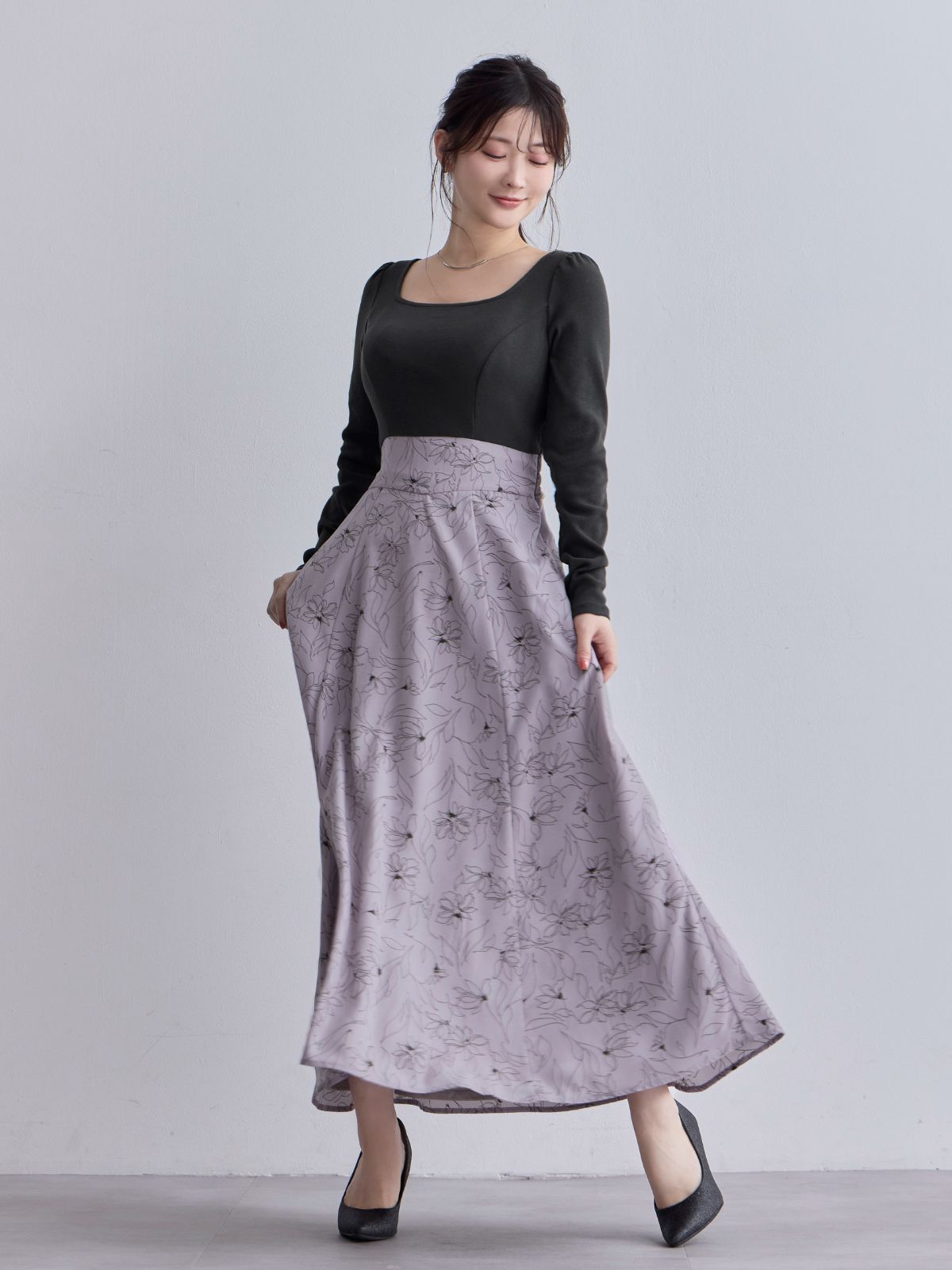 [11/13 22:00発売 期間限定 500円OFF]フラワードッキングワンピース 25AW：モーブピンク[102サイズ対応]