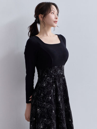 [11/13 22:00発売 期間限定 500円OFF]フラワードッキングワンピース 25AW：ブラック[102サイズ対応]