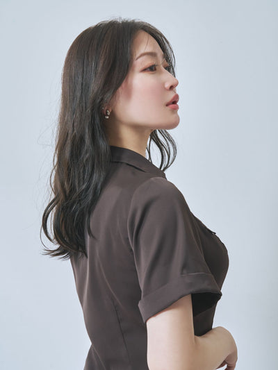 [7/31 22:00発売 期間限定 500円OFF]Aラインシャツワンピース  25AW：ブラウン[102サイズ対応]