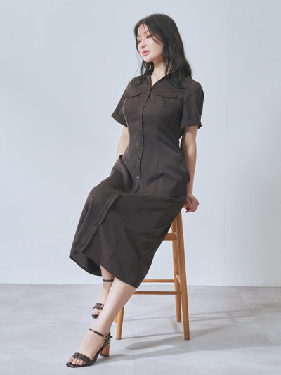 [7/31 22:00発売 期間限定 500円OFF]Aラインシャツワンピース  25AW：ブラウン[102サイズ対応]