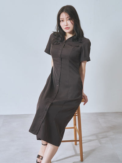 [7/31 22:00発売 期間限定 500円OFF]Aラインシャツワンピース  25AW：ブラウン[102サイズ対応]