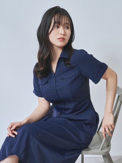 [7/31 22:00発売 期間限定 500円OFF]Aラインシャツワンピース  25AW：ネイビー[102サイズ対応]