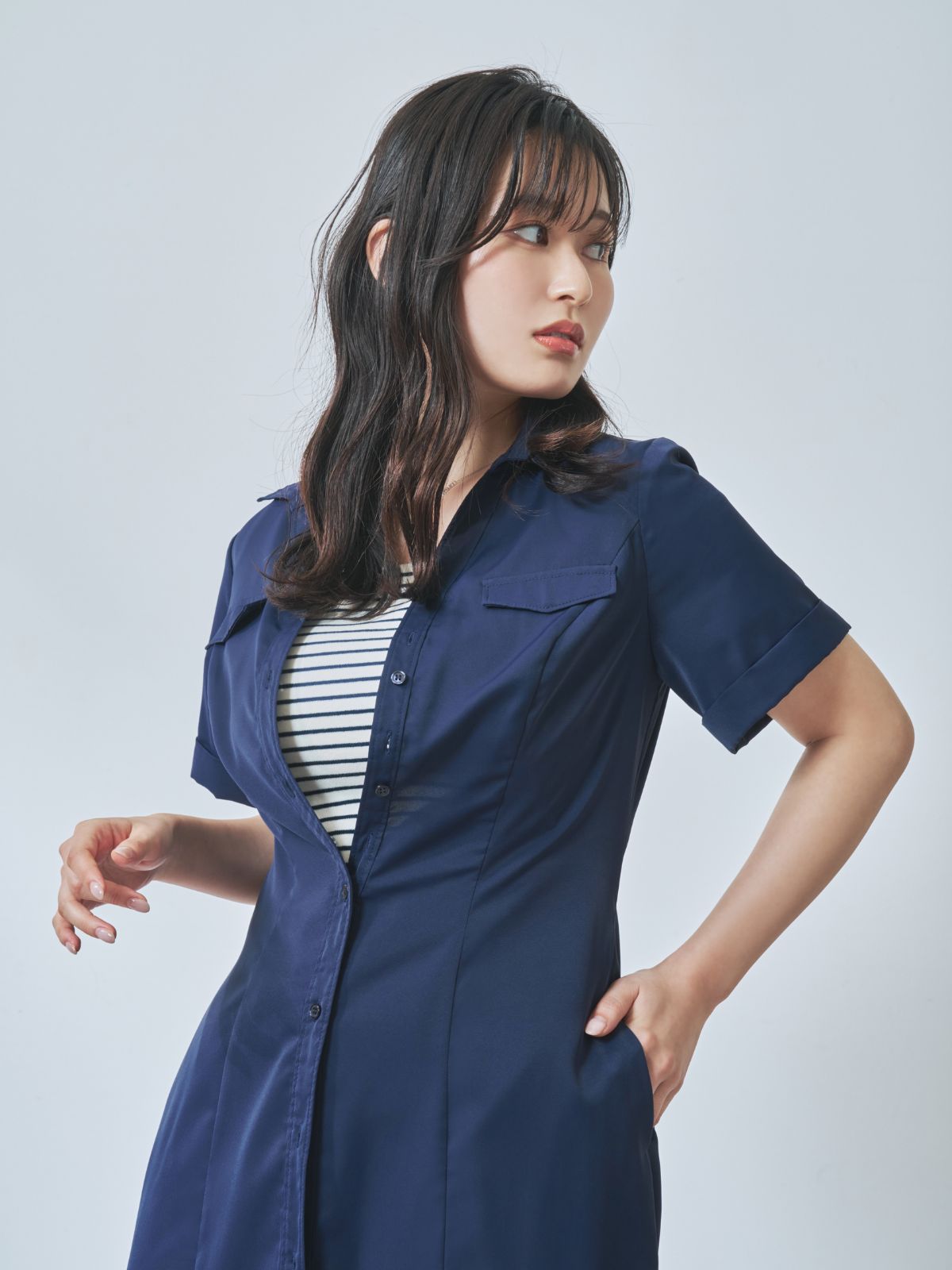 [7/31 22:00発売 期間限定 500円OFF]Aラインシャツワンピース  25AW：ネイビー[102サイズ対応]