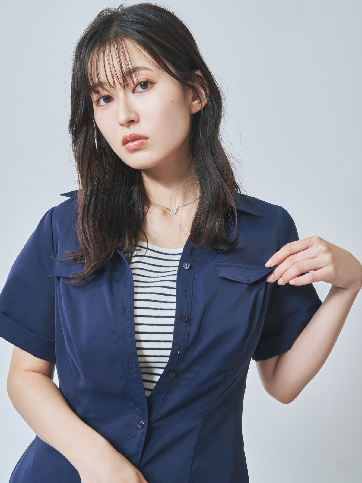 [7/31 22:00発売 期間限定 500円OFF]Aラインシャツワンピース  25AW：ネイビー[102サイズ対応]