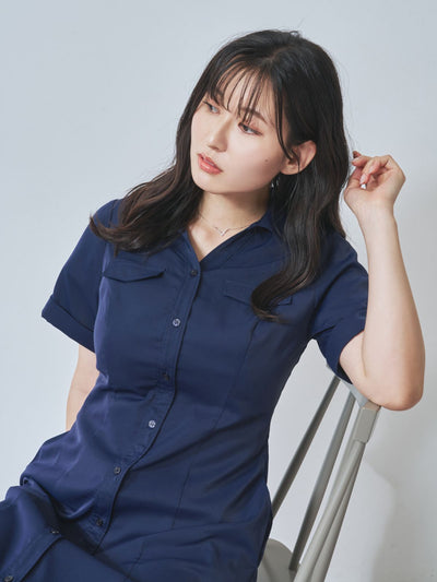 [7/31 22:00発売 期間限定 500円OFF]Aラインシャツワンピース  25AW：ネイビー[102サイズ対応]