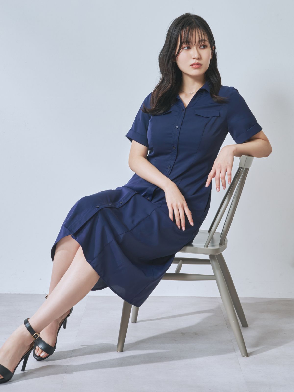 [7/31 22:00発売 期間限定 500円OFF]Aラインシャツワンピース  25AW：ネイビー[102サイズ対応]