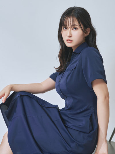[7/31 22:00発売 期間限定 500円OFF]Aラインシャツワンピース  25AW：ネイビー[102サイズ対応]