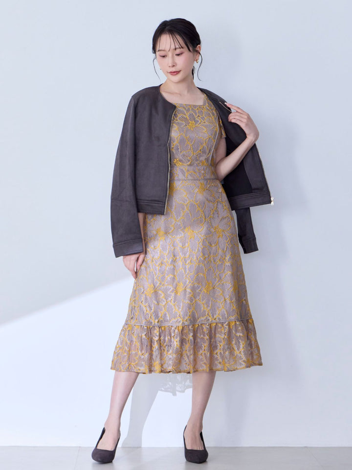 overE パイピングワンピース ベージュ 96 完売品】 overE レースパイピングワンピース 総レース ロング 96