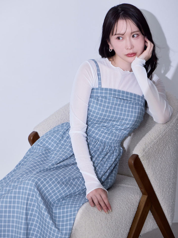 青い片肩マーメイドフレアワンピース 肩紐外せるチェックフレアワンピース：スモーキーブルー│胸が