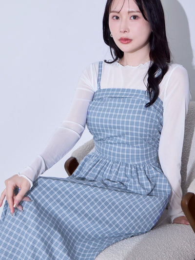 [8/28 22:00発売 期間限定 500円OFF]肩紐外せるチェックフレアワンピース：スモーキーブルー[102サイズ対応/入荷次第発送]