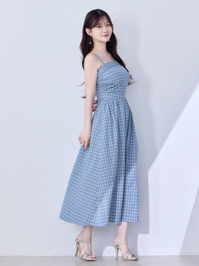 [8/28 22:00発売 期間限定 500円OFF]肩紐外せるチェックフレアワンピース：スモーキーブルー[102サイズ対応/入荷次第発送]