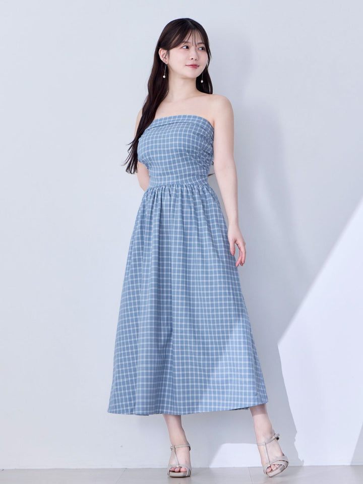 肩紐外せるチェックフレアワンピース：スモーキーブルー│胸が大きな
