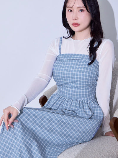 [8/28 22:00発売 期間限定 500円OFF]肩紐外せるチェックフレアワンピース：スモーキーブルー[102サイズ対応/入荷次第発送]