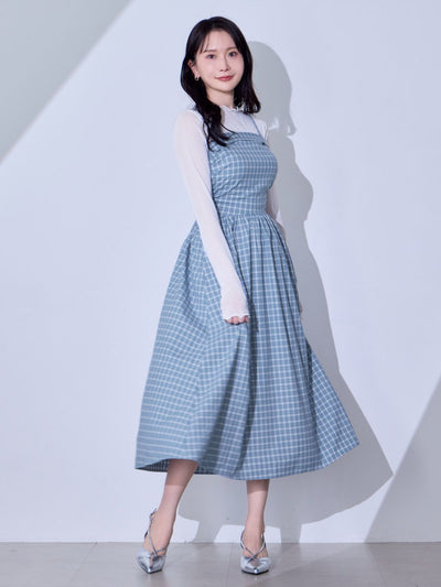 [8/28 22:00発売 期間限定 500円OFF]肩紐外せるチェックフレアワンピース：スモーキーブルー[102サイズ対応/入荷次第発送]