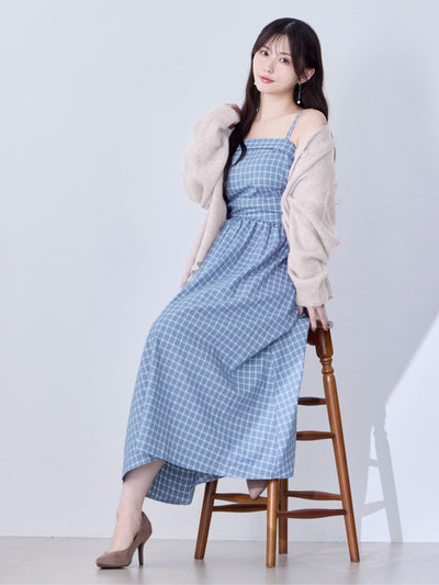 [8/28 22:00発売 期間限定 500円OFF]肩紐外せるチェックフレアワンピース：スモーキーブルー[102サイズ対応/入荷次第発送]