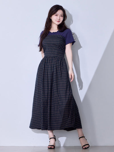 [8/28 22:00発売 期間限定 500円OFF]肩紐外せるチェックフレアワンピース：ネイビー[102サイズ対応/入荷次第発送]