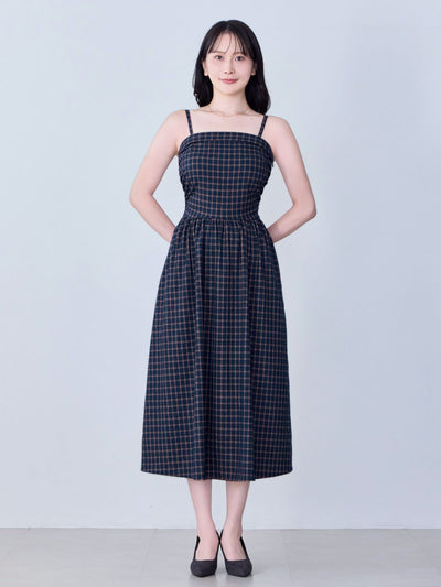 [8/28 22:00発売 期間限定 500円OFF]肩紐外せるチェックフレアワンピース：スモーキーブルー[102サイズ対応/入荷次第発送]