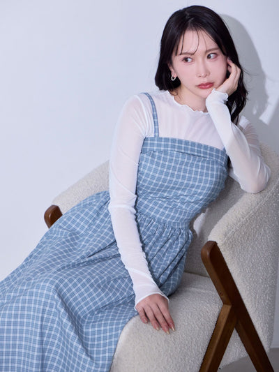 [8/28 22:00発売 期間限定 500円OFF]肩紐外せるチェックフレアワンピース：スモーキーブルー[102サイズ対応/入荷次第発送]