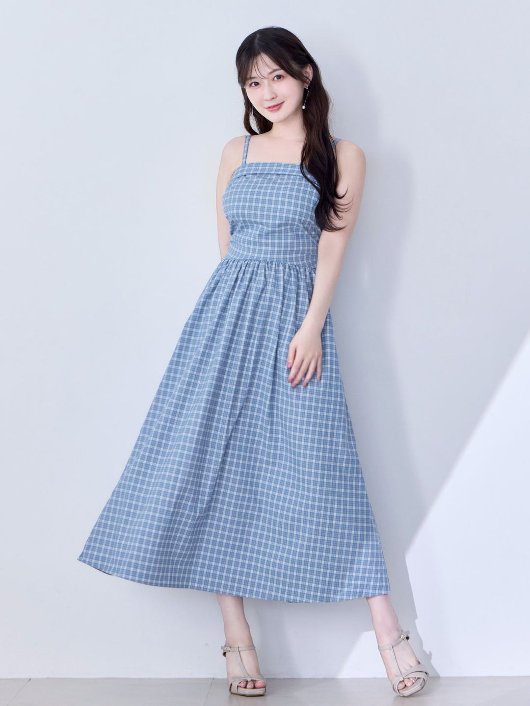 肩紐外せるチェックフレアワンピース：スモーキーブルー│胸が大きな