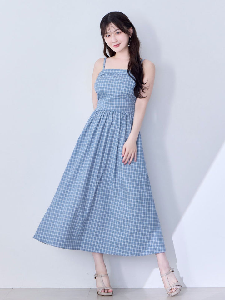 肩紐外せるチェックフレアワンピース：スモーキーブルー│胸が大きな