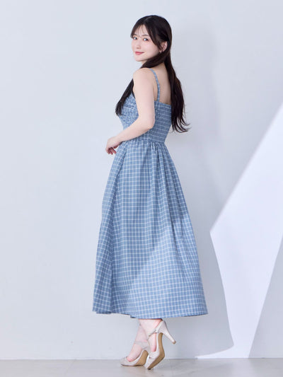 [8/28 22:00発売 期間限定 500円OFF]肩紐外せるチェックフレアワンピース：スモーキーブルー[102サイズ対応/入荷次第発送]