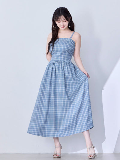 [8/28 22:00発売 期間限定 500円OFF]肩紐外せるチェックフレアワンピース：スモーキーブルー[102サイズ対応/入荷次第発送]