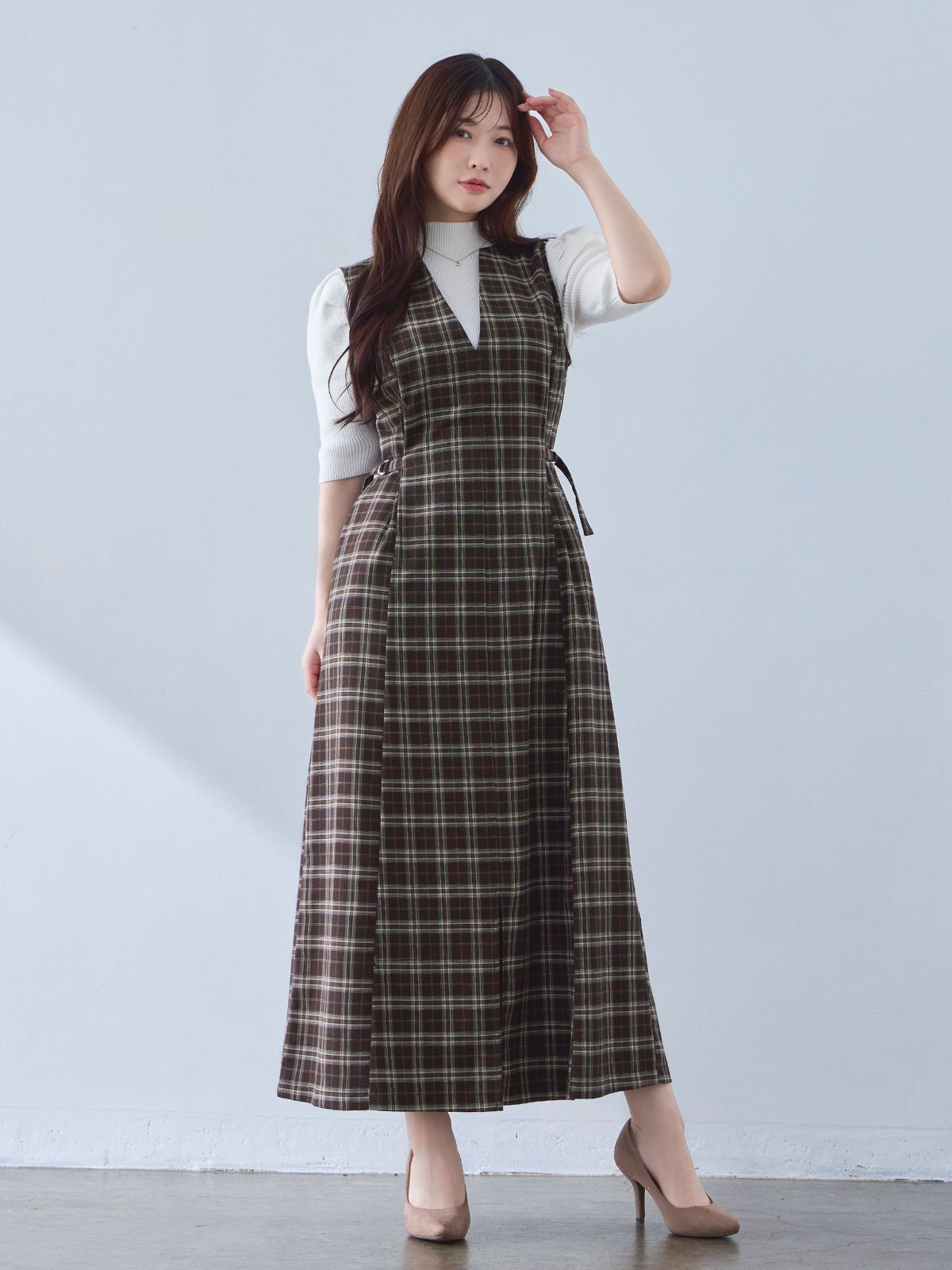 [9/18 22:00発売 期間限定 500円OFF]ポリニージャンパースカート：ブラウンチェック[102サイズ対応/入荷次第発送]