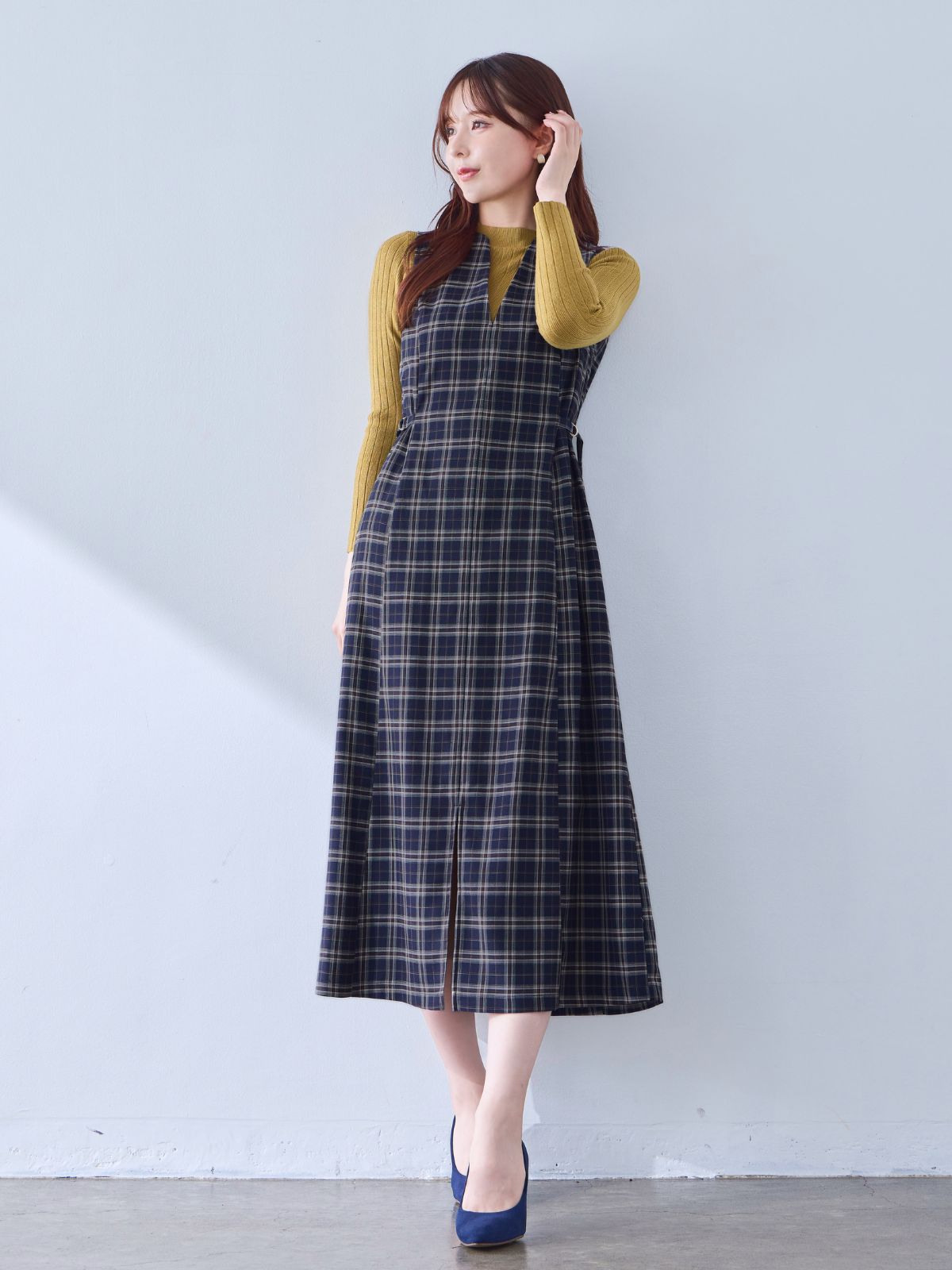 [9/18 22:00発売 期間限定 500円OFF]ポリニージャンパースカート：ネイビーチェック[102サイズ対応/入荷次第発送]