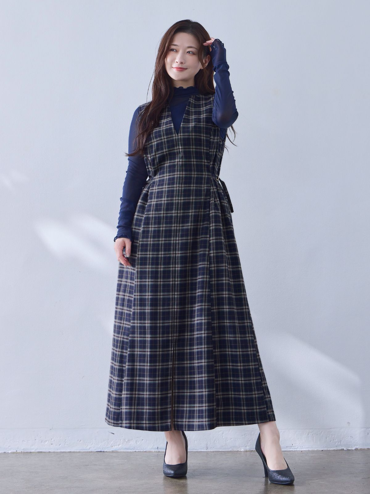 [9/18 22:00発売 期間限定 500円OFF]ポリニージャンパースカート：ネイビーチェック[102サイズ対応/入荷次第発送]