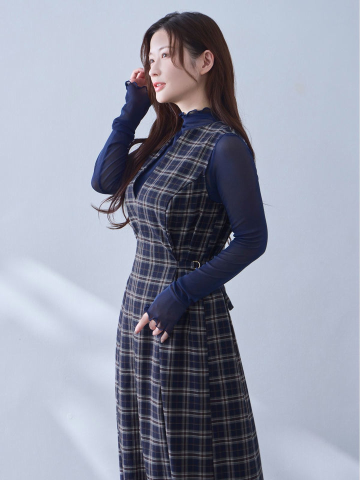 ポリニージャンパースカート:ネイビーチェック│胸が大きな女性 ポリニージャンパースカート:ネイビーチェック│胸が大きな女性