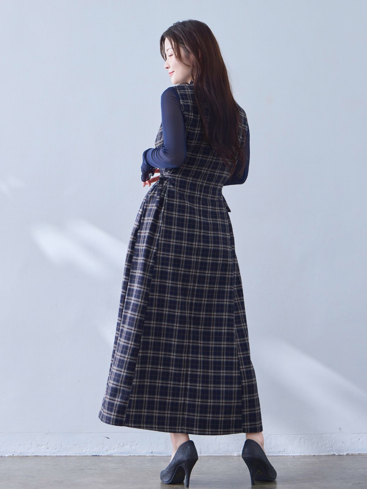 [9/18 22:00発売 期間限定 500円OFF]ポリニージャンパースカート：ネイビーチェック[102サイズ対応/入荷次第発送]