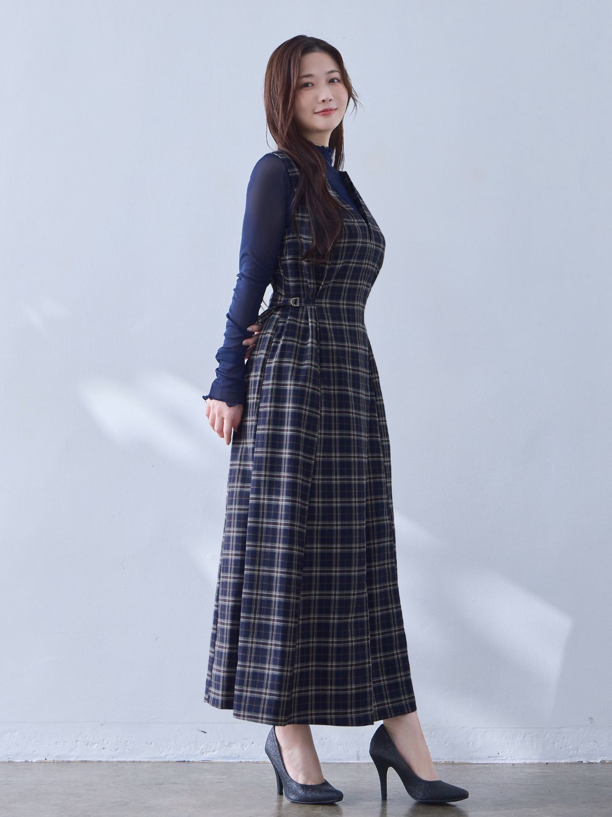[9/18 22:00発売 期間限定 500円OFF]ポリニージャンパースカート：ネイビーチェック[102サイズ対応/入荷次第発送]