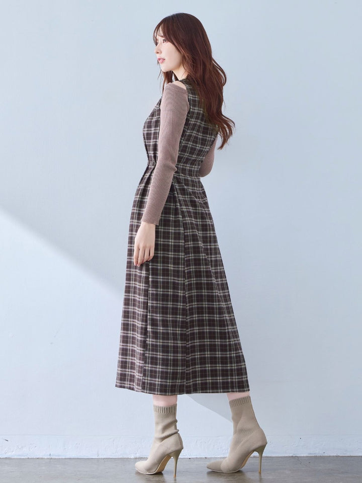 ポリニージャンパースカート：ブラウンチェック│胸が大きな女性のため