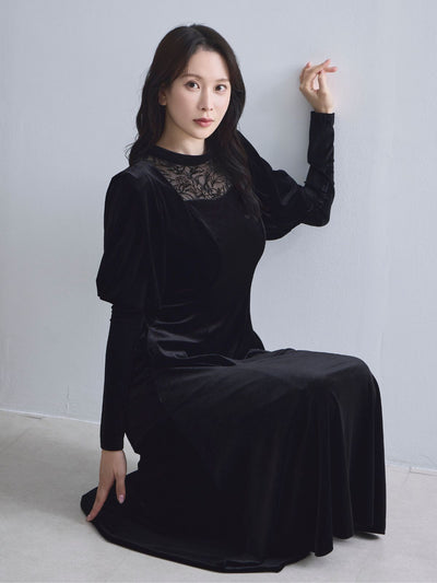 [10/9 22:00発売 期間限定 500円OFF]2wayスリーブベロアワンピース：ブラック[102サイズ対応/入荷次第発送]