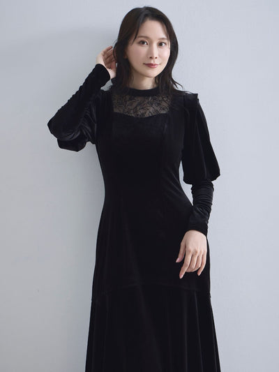 [10/9 22:00発売 期間限定 500円OFF]2wayスリーブベロアワンピース：ブラック[102サイズ対応/入荷次第発送]