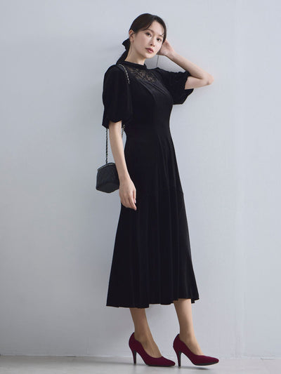 [10/9 22:00発売 期間限定 500円OFF]2wayスリーブベロアワンピース：ブラック[102サイズ対応/入荷次第発送]
