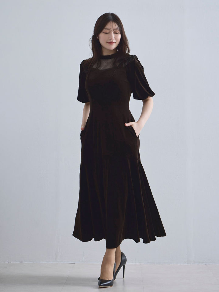 スーパービューティー♡ ♡お袖ふんわりベロア&胸元デザインワンピース 2wayスリーブベロアワンピース：ブラウン│胸が大きな女性のための