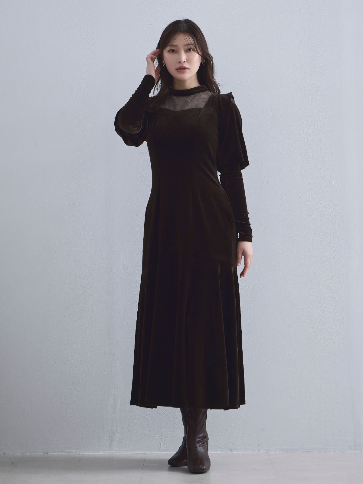 [10/9 22:00発売 期間限定 500円OFF]2wayスリーブベロアワンピース：ブラウン[102サイズ対応/入荷次第発送]