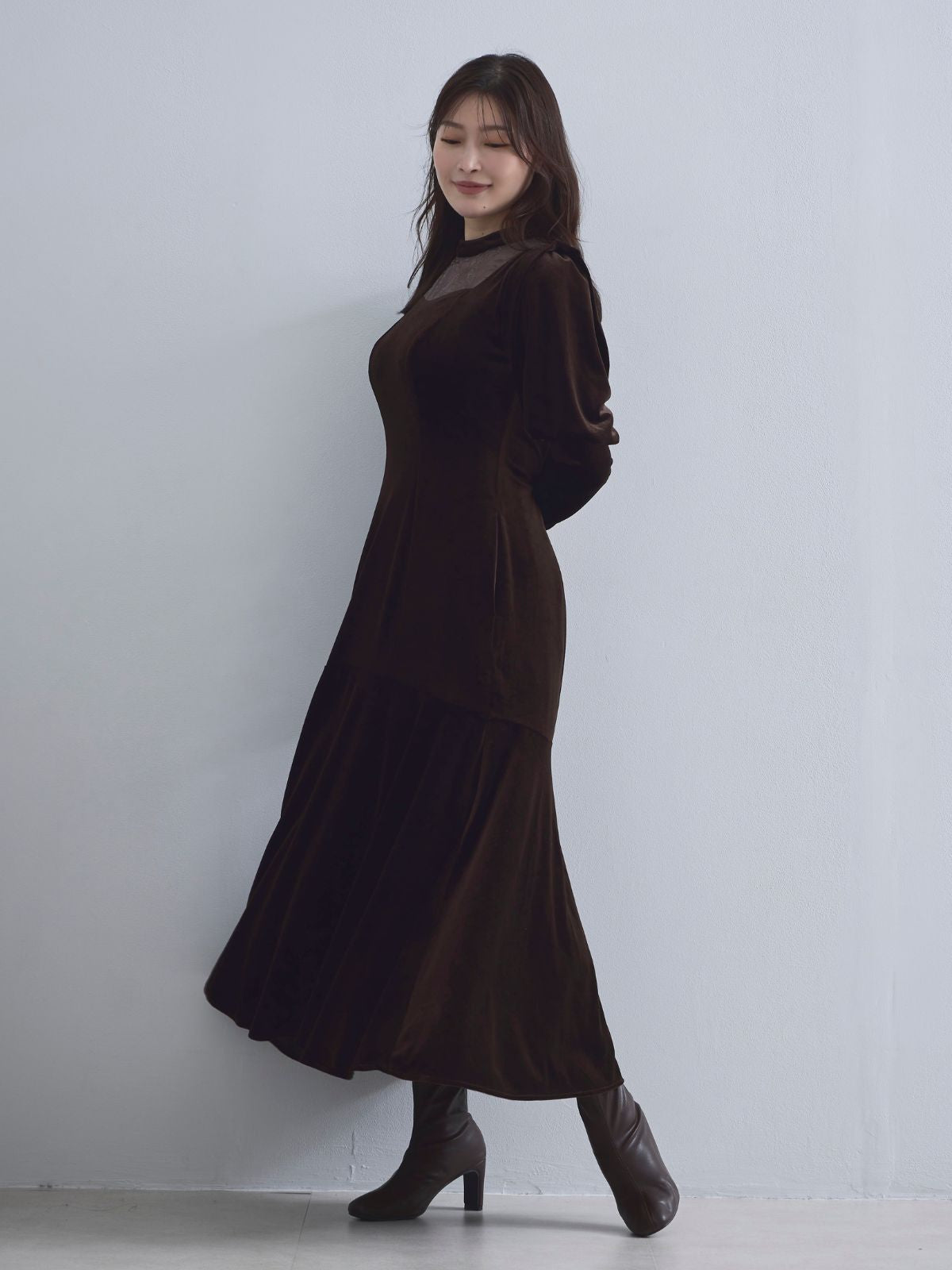 [10/9 22:00発売 期間限定 500円OFF]2wayスリーブベロアワンピース：ブラウン[102サイズ対応/入荷次第発送]