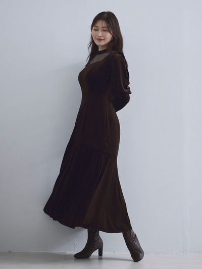 [10/9 22:00発売 期間限定 500円OFF]2wayスリーブベロアワンピース：ブラウン[102サイズ対応/入荷次第発送]