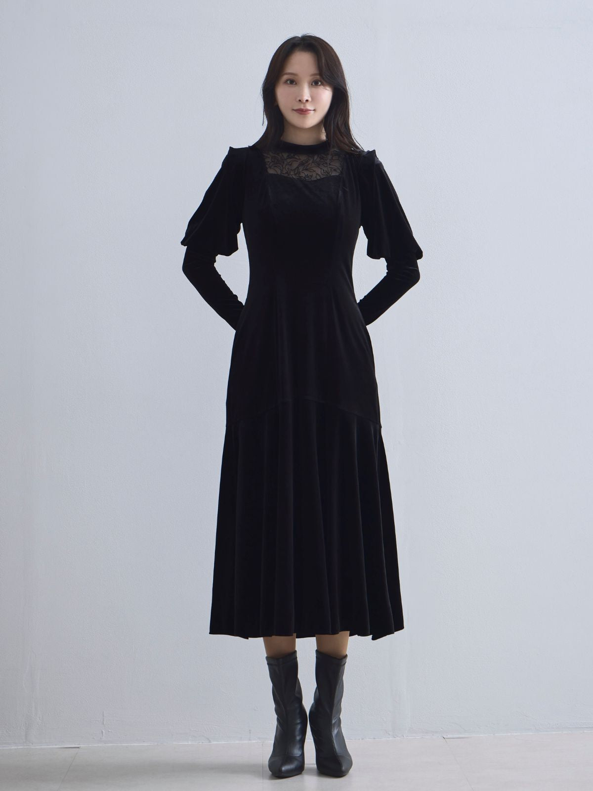[10/9 22:00発売 期間限定 500円OFF]2wayスリーブベロアワンピース：ブラック[102サイズ対応/入荷次第発送]