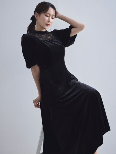 [10/9 22:00発売 期間限定 500円OFF]2wayスリーブベロアワンピース：ブラック[102サイズ対応/入荷次第発送]
