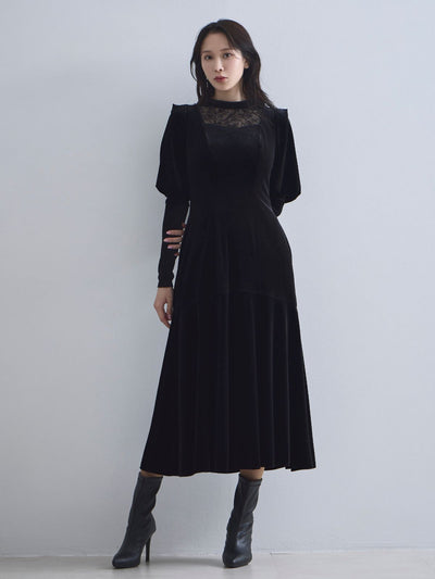 [10/9 22:00発売 期間限定 500円OFF]2wayスリーブベロアワンピース：ブラック[102サイズ対応/入荷次第発送]